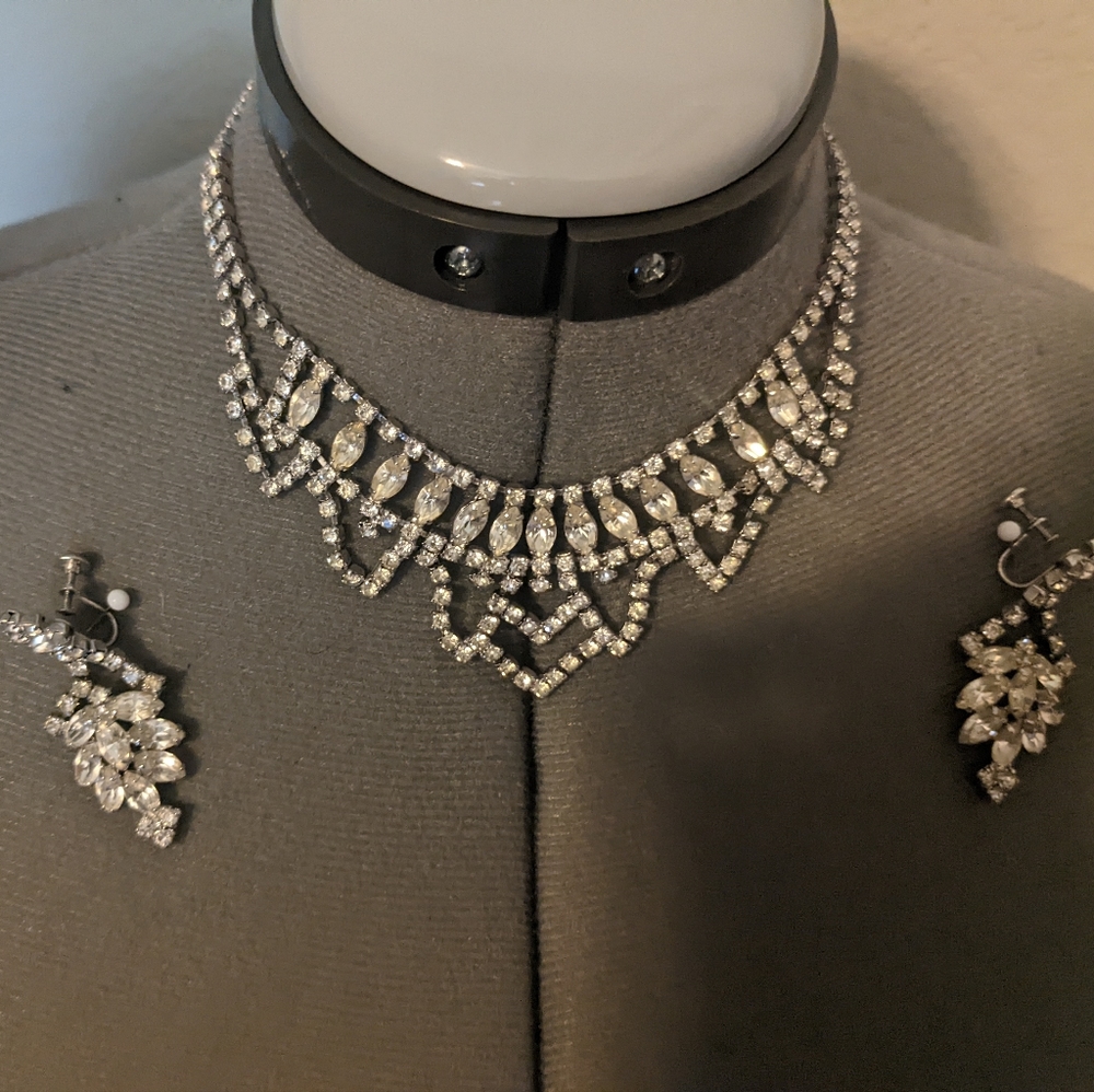 Vintage Rhinestone necklace and Earrings Holiday Jewelry Christmas New Year's